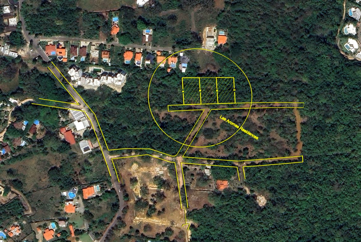 buyDRproperty Aerial view of building lots in Las Aromas Residences, potential for new construction. Sosua Real Estate