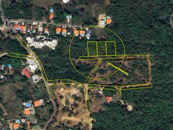 buyDRproperty Aerial view of building lots in Las Aromas Residences, potential for new construction. Sosua Real Estate