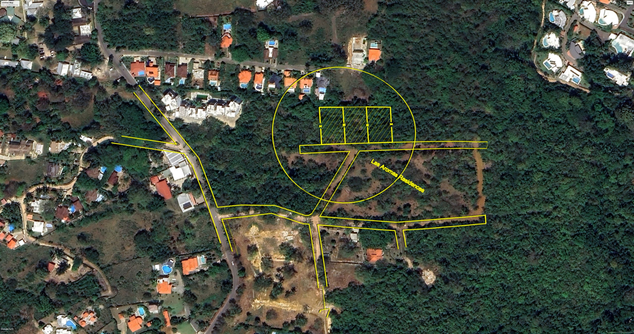 buyDRproperty Aerial view of building lots in Las Aromas Residences, potential for new construction. Sosua Real Estate
