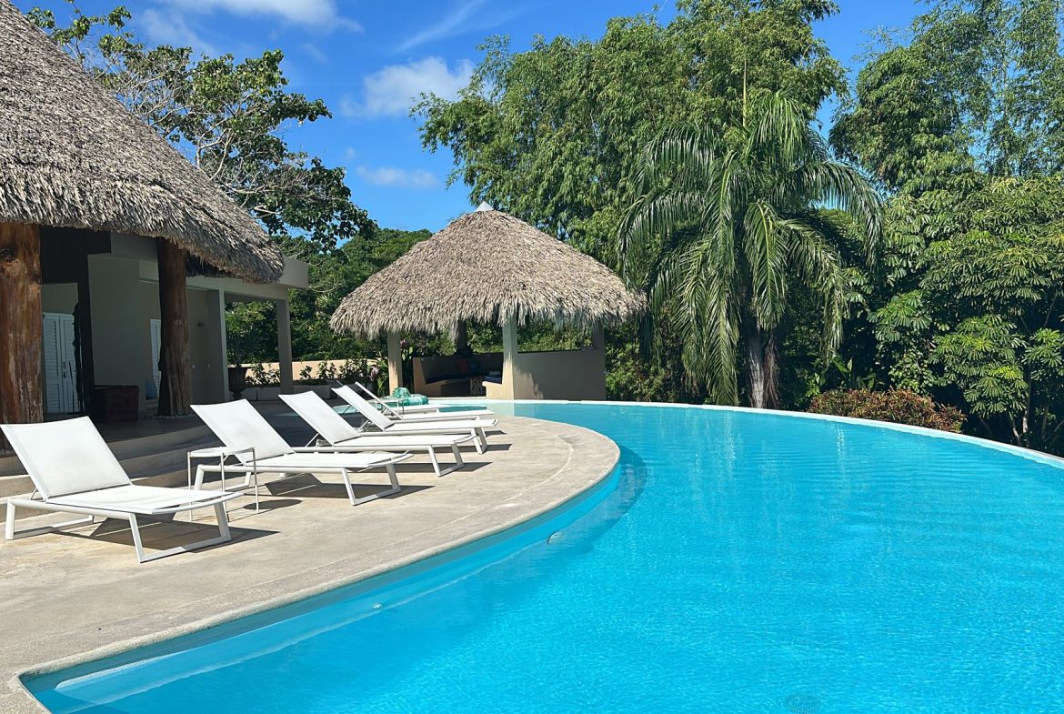 buyDRproperty Luxury ocean view villa for sale in Cabrera, Dominican Republic, with infinity pool and thatched roof. Sosua Real Estate