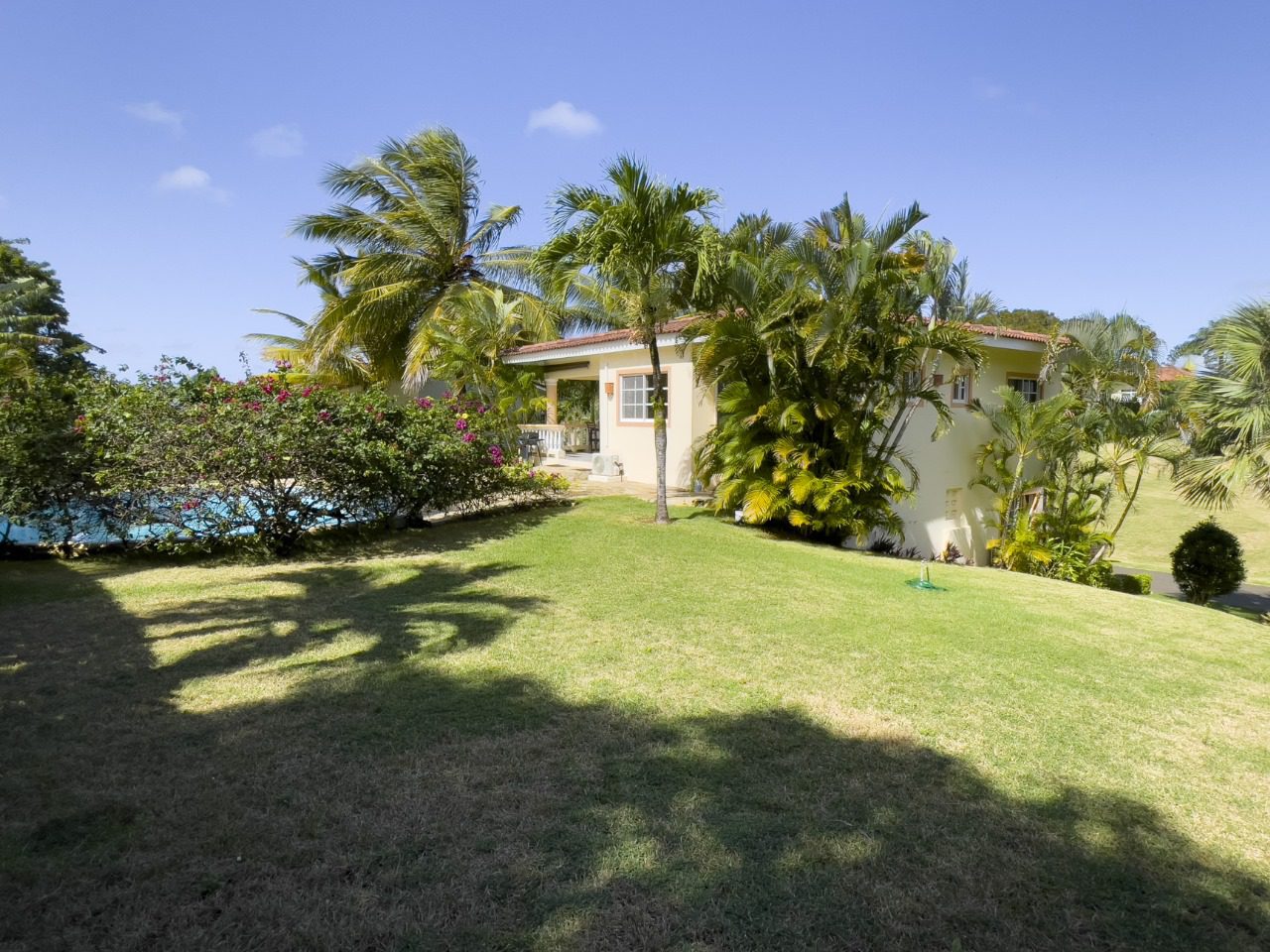 buyDRproperty Lush lawn and tropical plants surround a 3BR Ocean View Home in Hispaniola. Sosua Real Estate