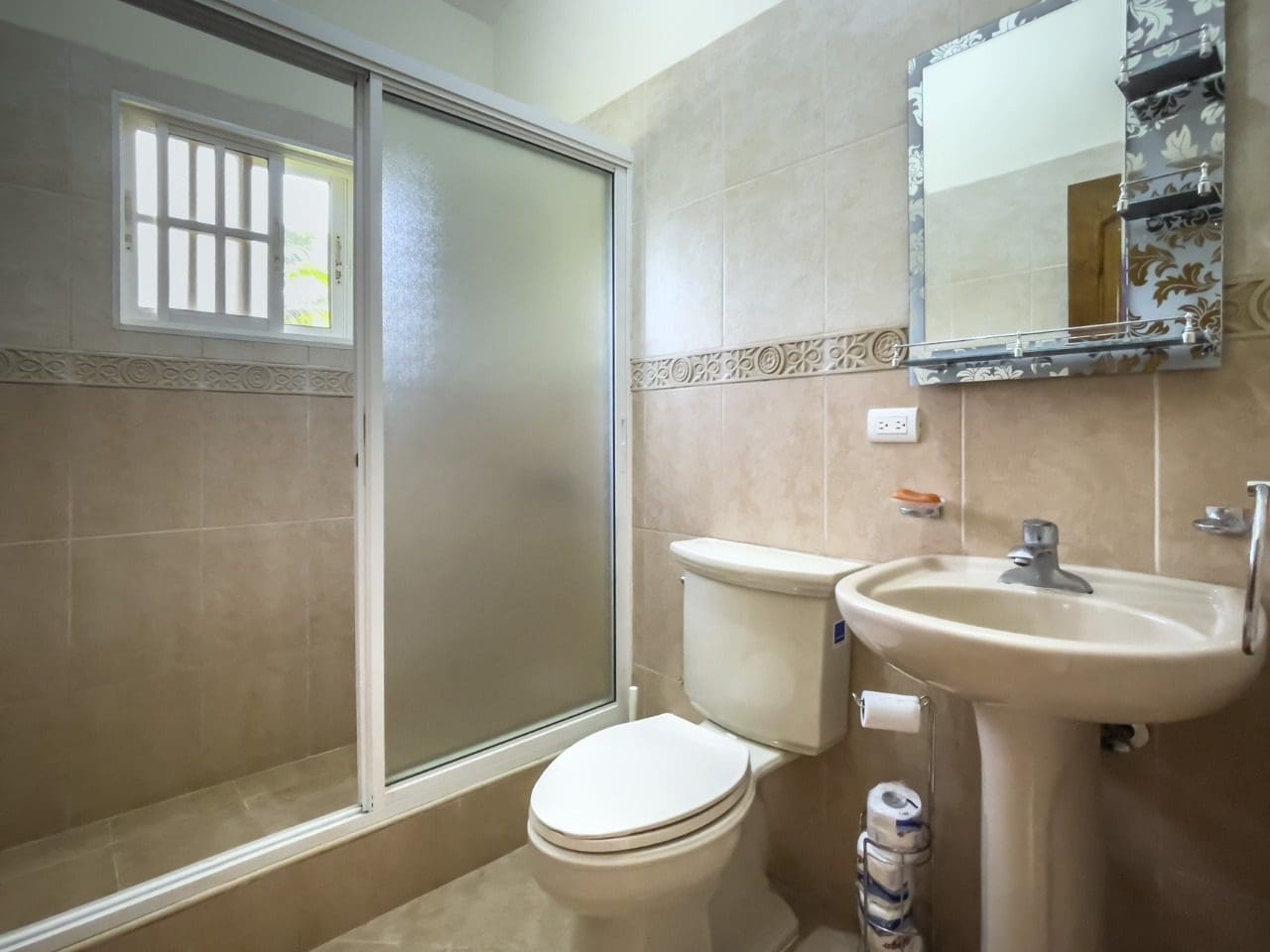 buyDRproperty Bathroom with shower, toilet, and sink in 3BR Ocean View Home, Hispaniola. Sosua Real Estate