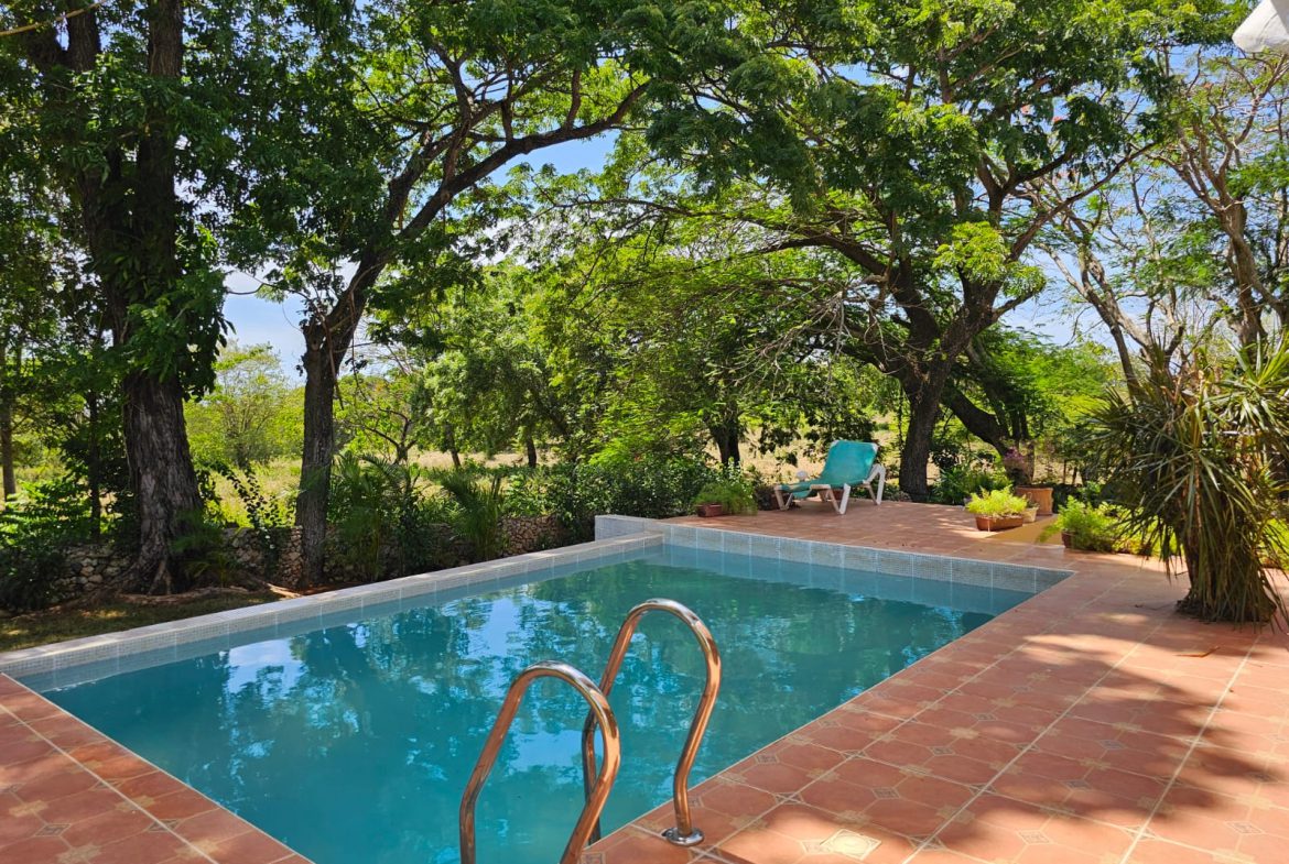 buyDRproperty Sosua villa pool with red tile patio and lush tropical trees. Unique outdoor space. Sosua Real Estate