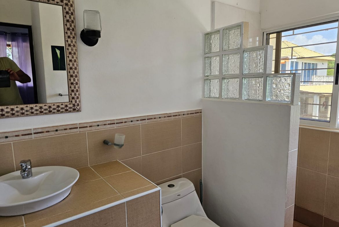 buyDRproperty Bathroom with sink, toilet, window, and decorative glass blocks in a unique Sosua villa. Sosua Real Estate