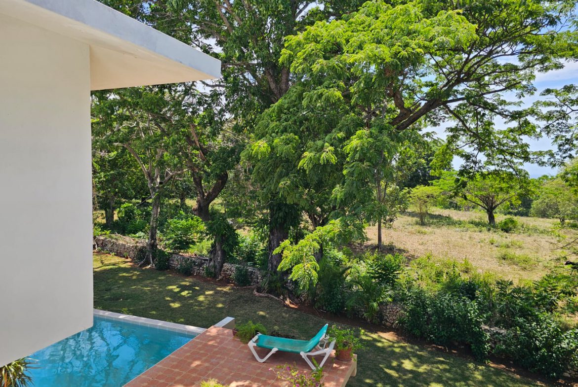buyDRproperty Sosua villa view: pool, lounge chair, and lush green garden. Unique property. Sosua Real Estate