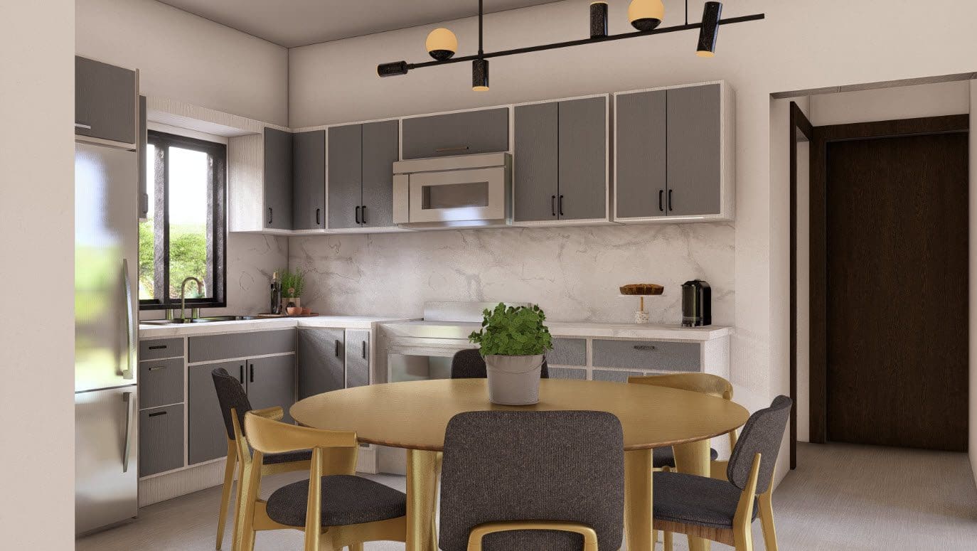 buyDRproperty Modern kitchen with gray cabinets and round dining table. The home is a Casa Linda Villa, Bliss. Sosua Real Estate
