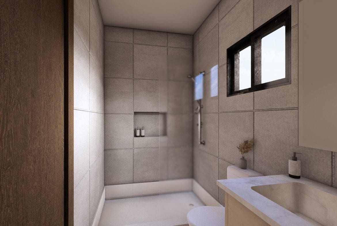 buyDRproperty Modern bathroom with gray tile, shower, and a window. The Casa Linda Villa BLISS bathroom. Sosua Real Estate