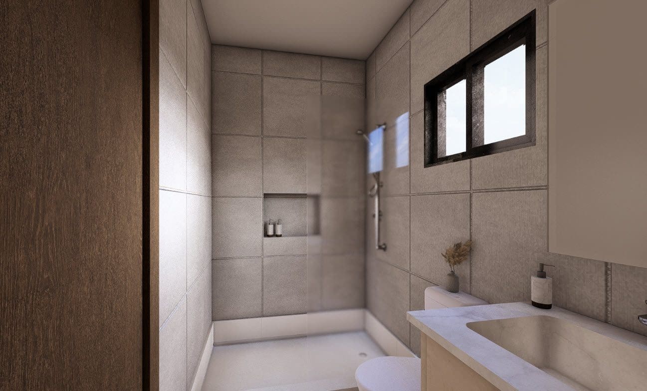 buyDRproperty Modern bathroom with gray tile, shower, and a window. The Casa Linda Villa BLISS bathroom. Sosua Real Estate