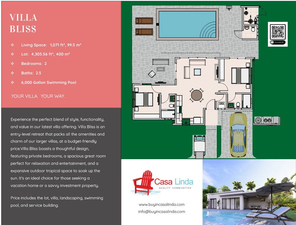 buyDRproperty Villa Bliss floor plan: 2-bedroom home with pool and Casa Linda logo. Sosua Real Estate