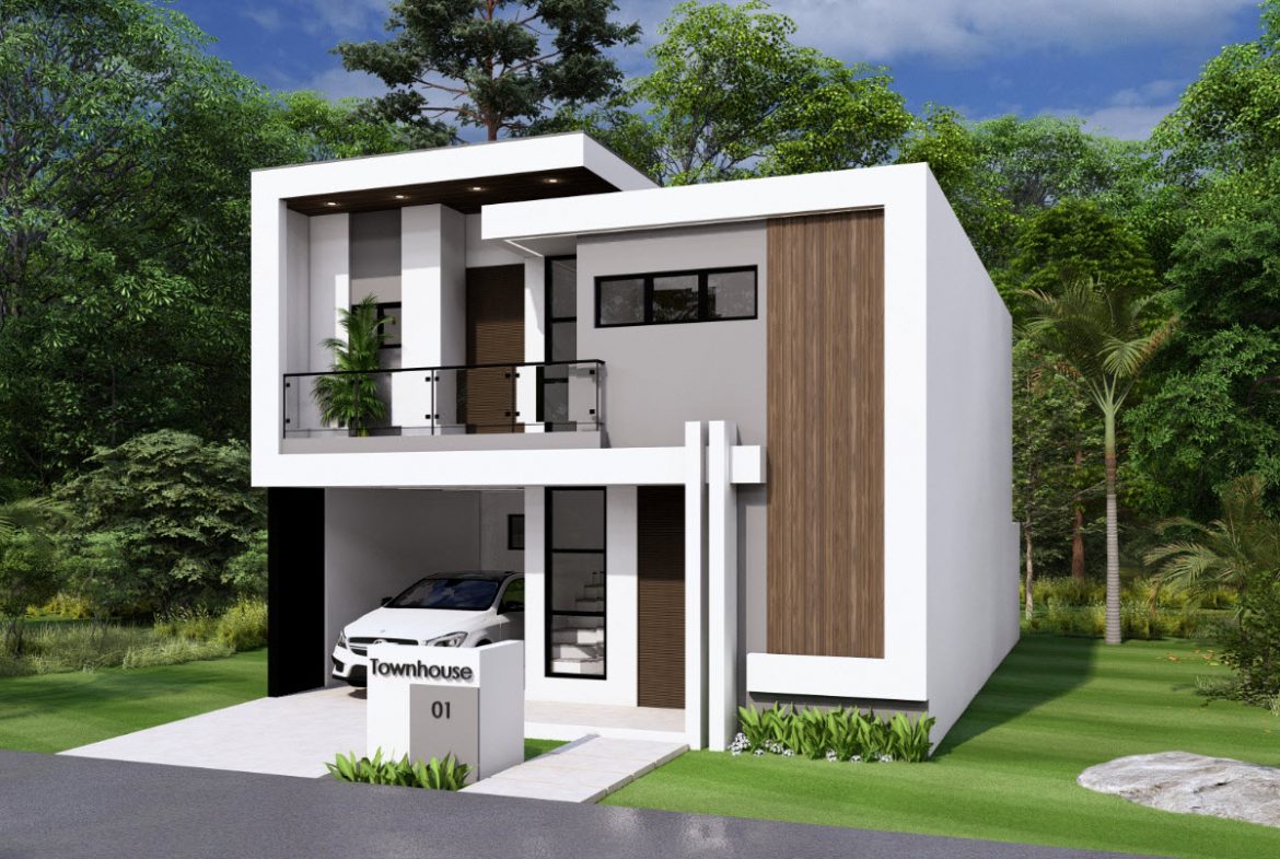 buyDRproperty Modern townhouse with a car in the garage. "Townhouse 01" sign. Sosua Real Estate