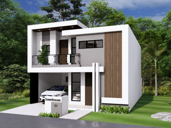 buyDRproperty Modern townhouse with a car in the garage. "Townhouse 01" sign. Sosua Real Estate