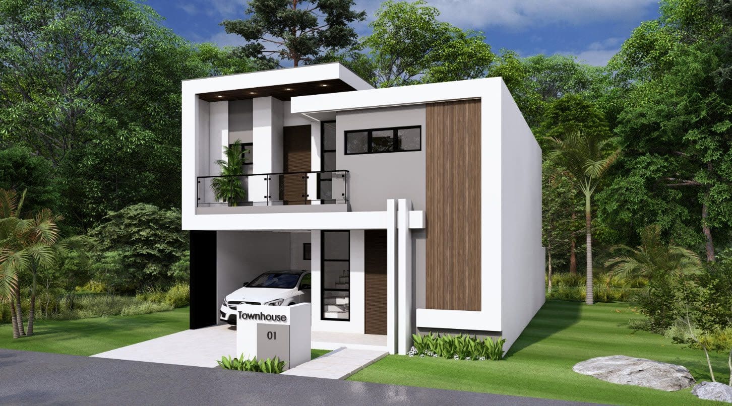 buyDRproperty Modern townhouse with a car in the garage. "Townhouse 01" sign. Sosua Real Estate