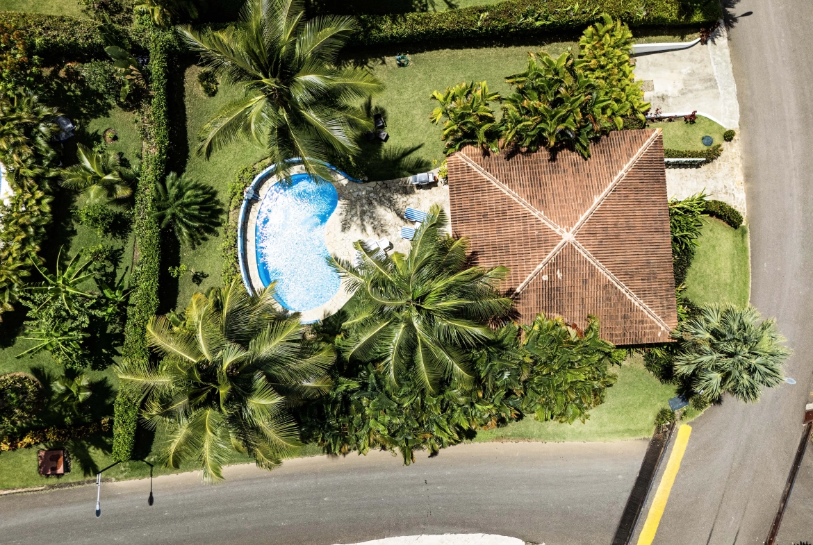 buyDRproperty Aerial view of a charming villa with a pool surrounded by palm trees in Sosua. Sosua Real Estate