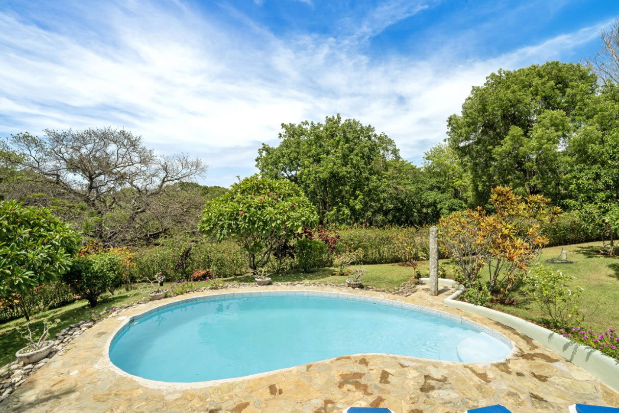 buyDRproperty Swimming pool in a lush garden with ocean views near Residential Hispaniola. Sosua Real Estate