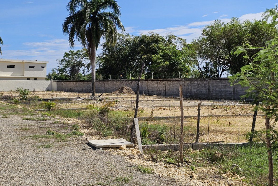 buyDRproperty Construction site with foundations laid, palm tree, and block wall under a blue sky. Sosua Real Estate