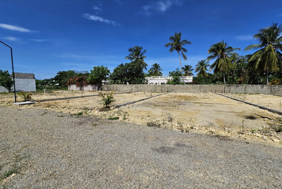 buyDRproperty Vacant land plots in tropical setting with palm trees under a bright blue sky. Sosua Real Estate