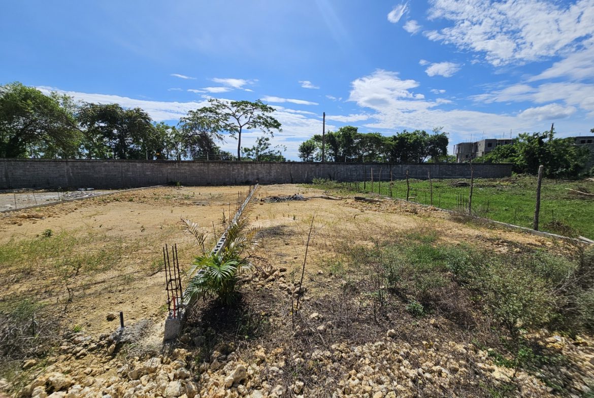 buyDRproperty Vacant lot with partial concrete wall and vegetation under a blue sky. Sosua Real Estate