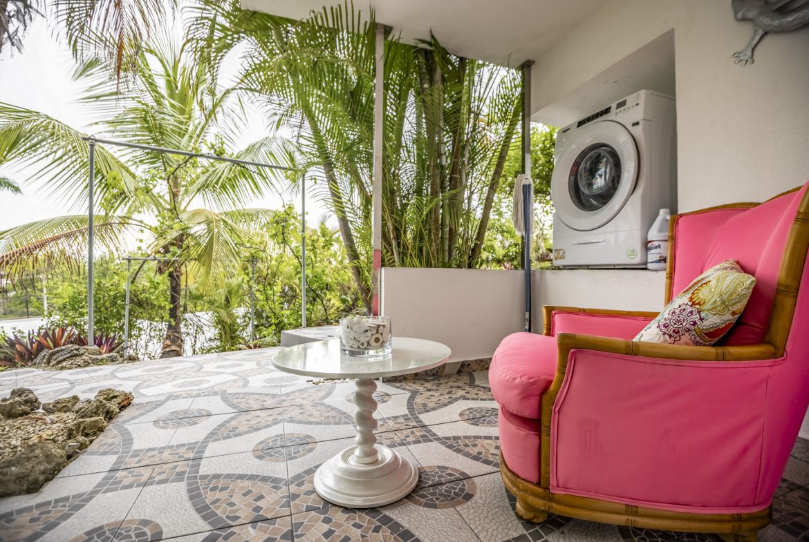 buyDRproperty Tropical patio with pink chair, washing machine, and palm trees Sosua Real Estate