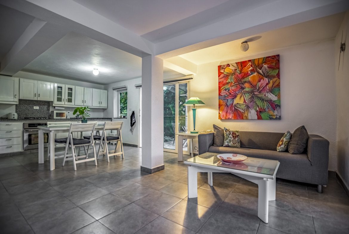 buyDRproperty Open-concept living space with kitchen, gray sofa, colorful art, and tile floors. Sosua Real Estate