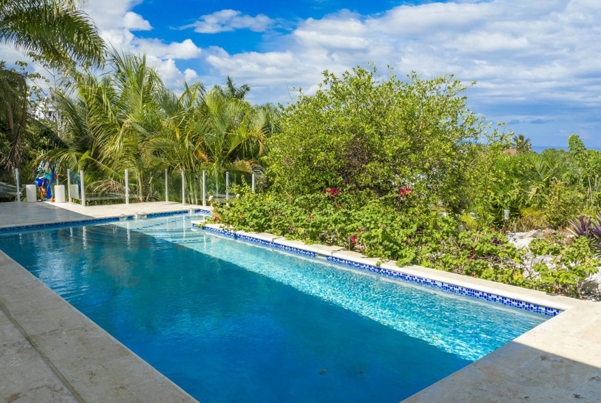 buyDRproperty Backyard swimming pool with clear blue water surrounded by lush greenery. Sosua Real Estate