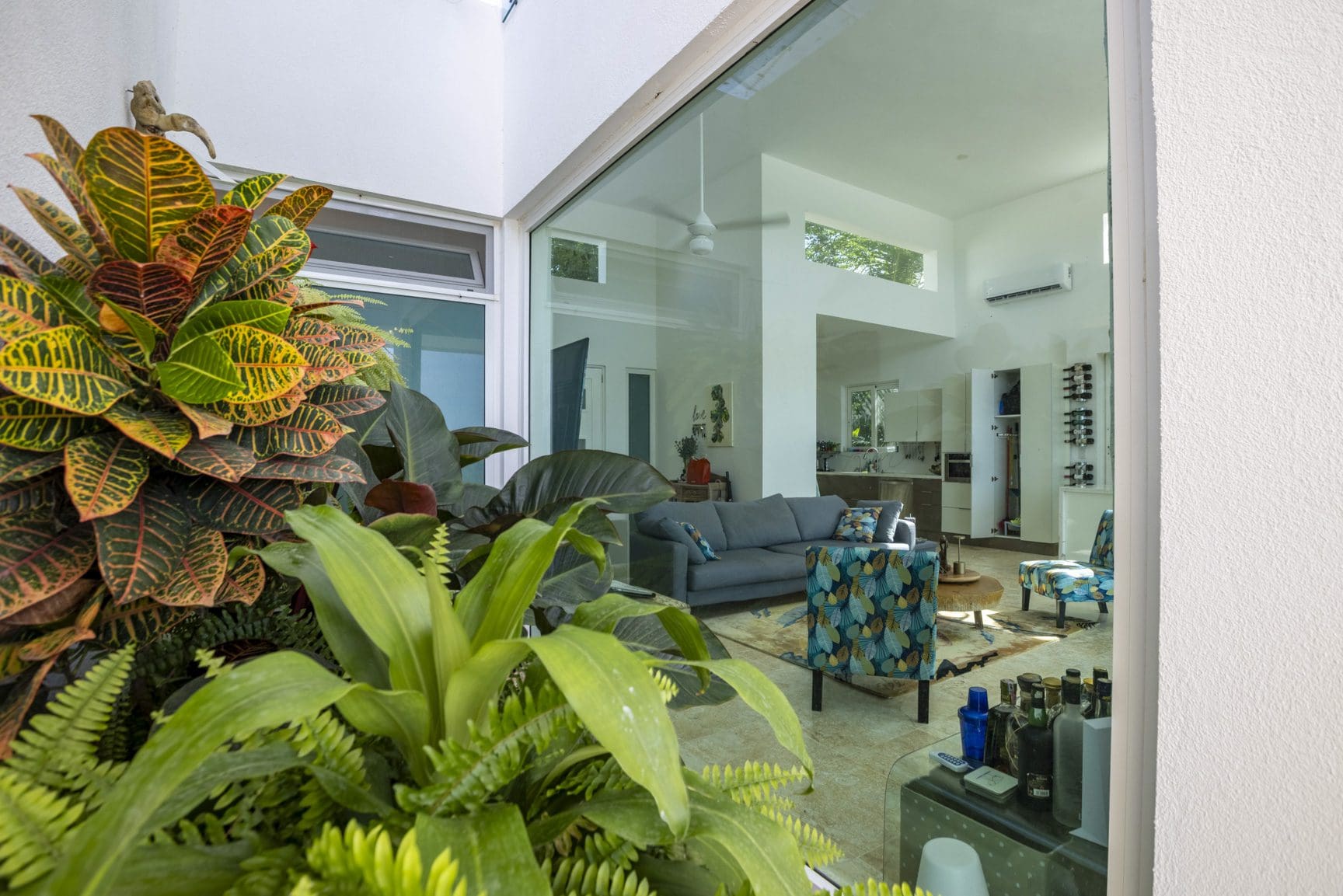 buyDRproperty Bright, modern living room viewed through a glass wall with lush tropical plants. Sosua Real Estate