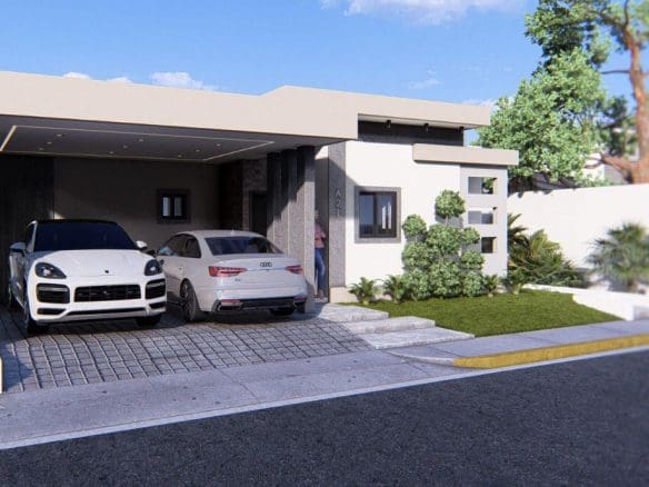 buyDRproperty Modern house with a white Porsche and Audi parked in the driveway. Landscaped front yard. Sosua Real Estate