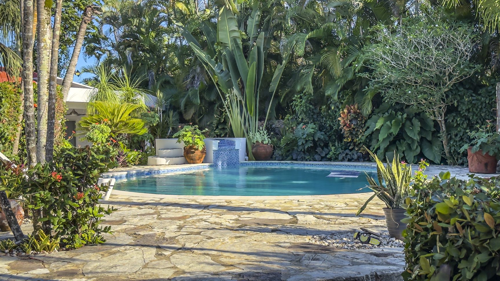 buyDRproperty Lush tropical garden with a swimming pool and stone patio Sosua Real Estate