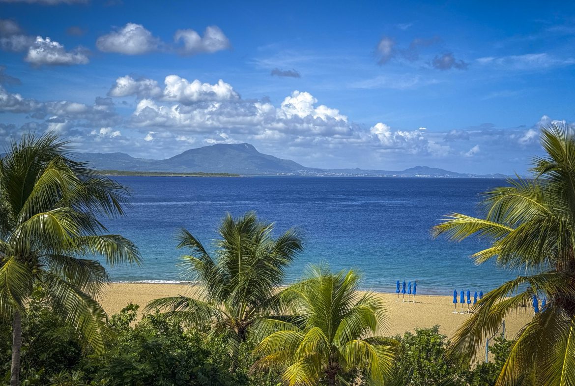 buyDRproperty Tropical beach view with palm trees, turquoise water, and distant mountains under a blue sky. Sosua Real Estate