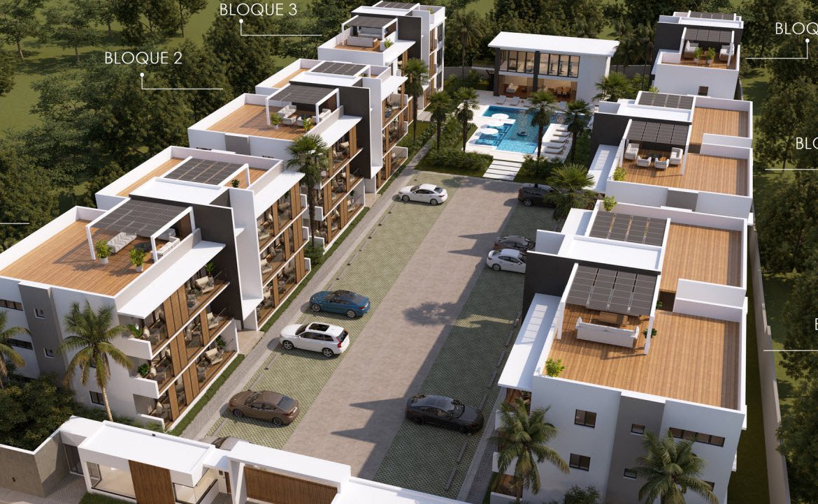 buyDRproperty Aerial view of Zocalo Group apartment complex with multiple buildings, a pool, and parking. Sosua Real Estate