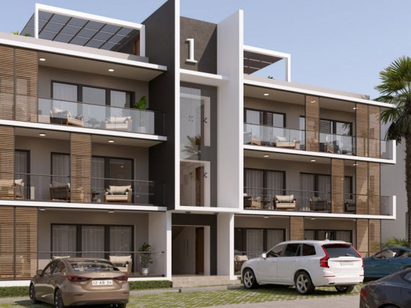 buyDRproperty Modern apartment complex with balconies, cars parked outside. "Zocalo Group" logo visible. Sosua Real Estate