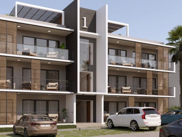 buyDRproperty Modern apartment complex with balconies, cars parked outside. "Zocalo Group" logo visible. Sosua Real Estate