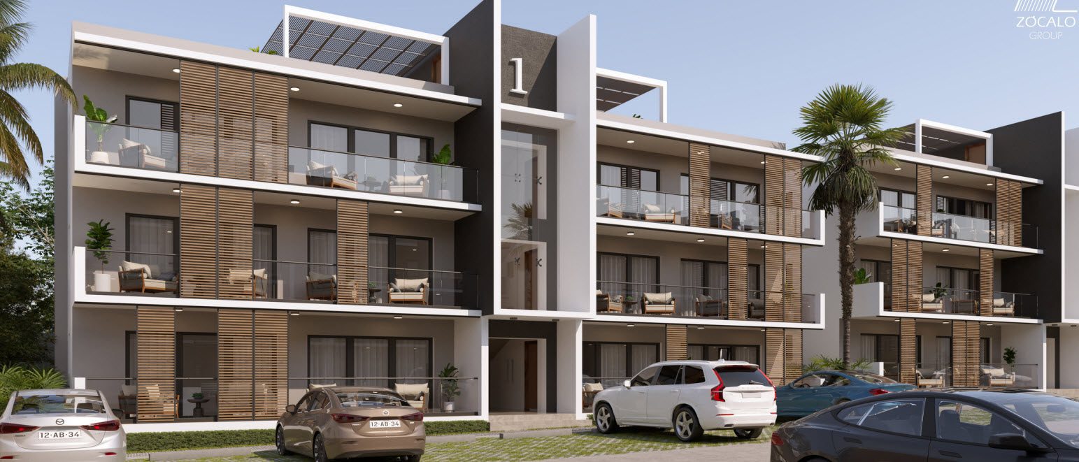 Buydrproperty Modern Apartment Complex with Balconies Cars Parked Outside zocalo Group Logo Visible Sosua Real Estate Buydrpropertycom Buydrpropertycom