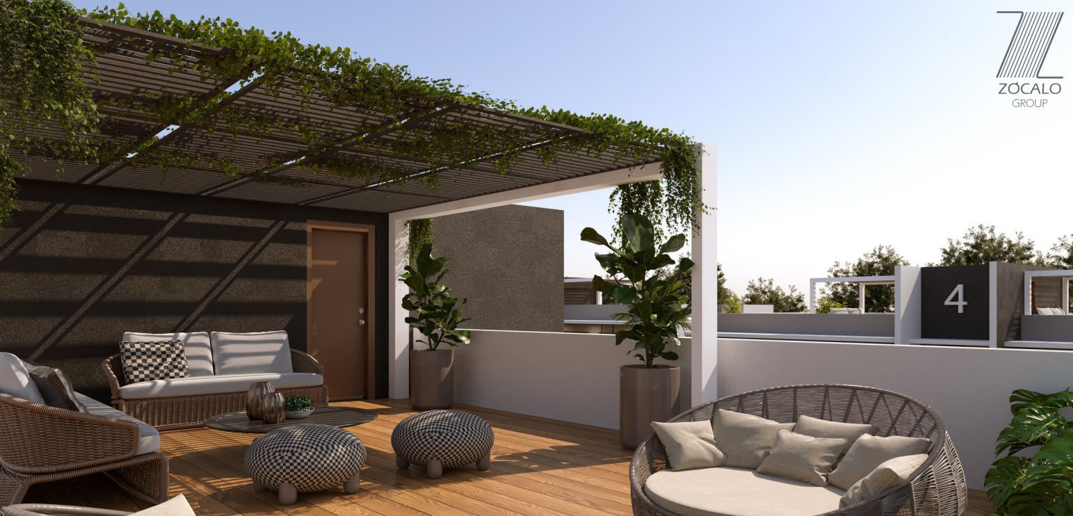 buyDRproperty Outdoor patio with wicker furniture, pergola, and potted plants. Relaxing rooftop terrace design. Sosua Real Estate
