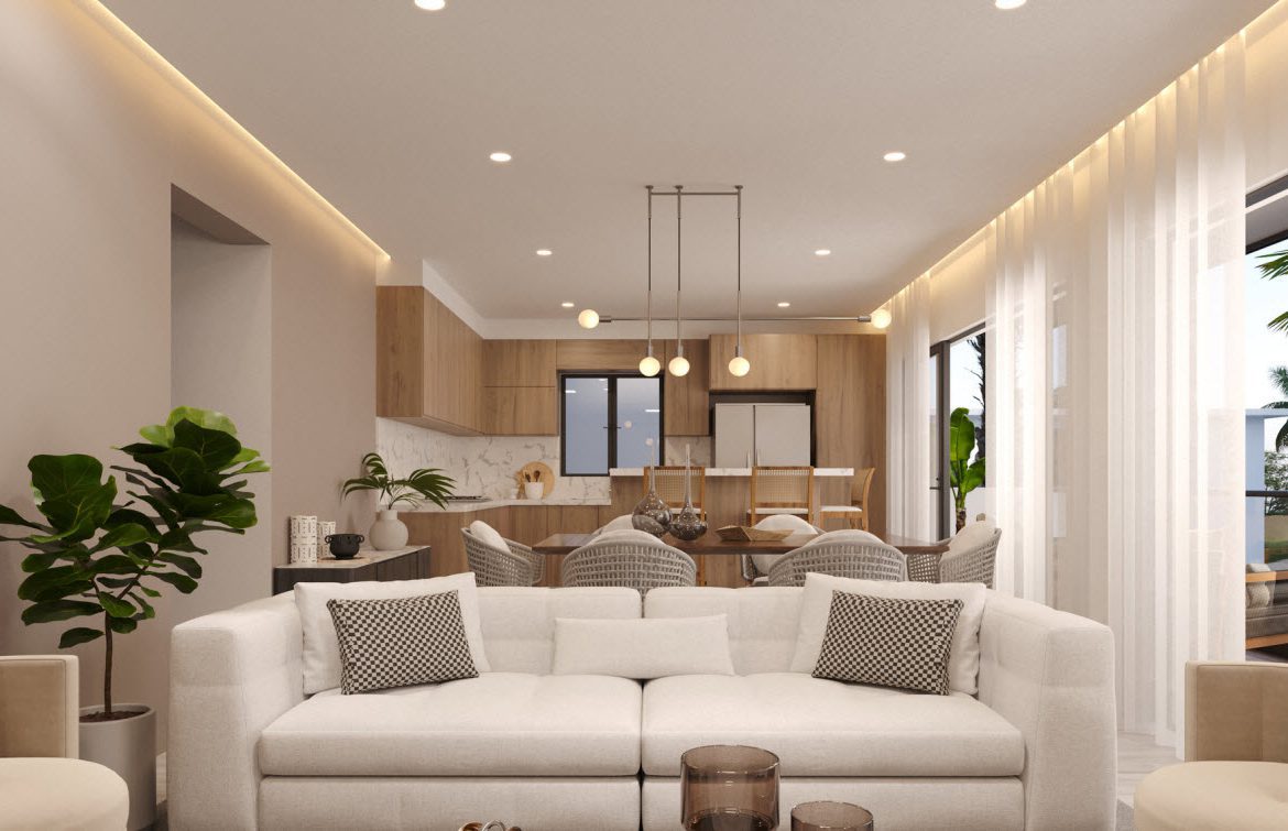 buyDRproperty Bright, modern living room with open floor plan and minimalist decor. Sosua Real Estate