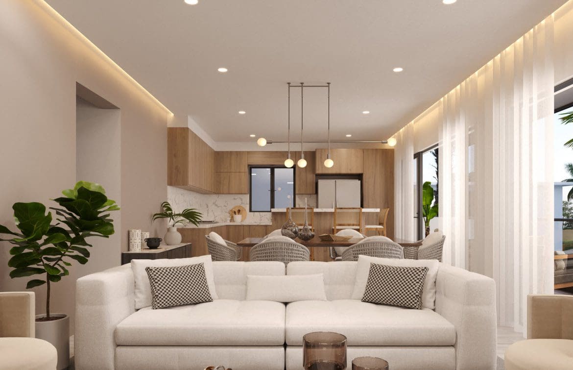 buyDRproperty Bright, modern living room with open floor plan and minimalist decor. Sosua Real Estate