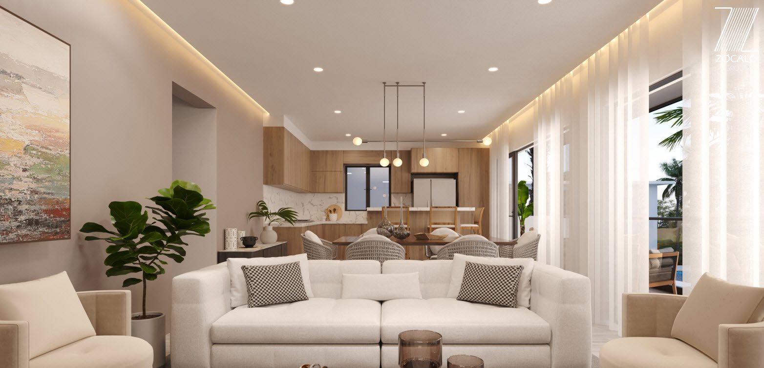 buyDRproperty Bright, modern living room with open floor plan and minimalist decor. Sosua Real Estate