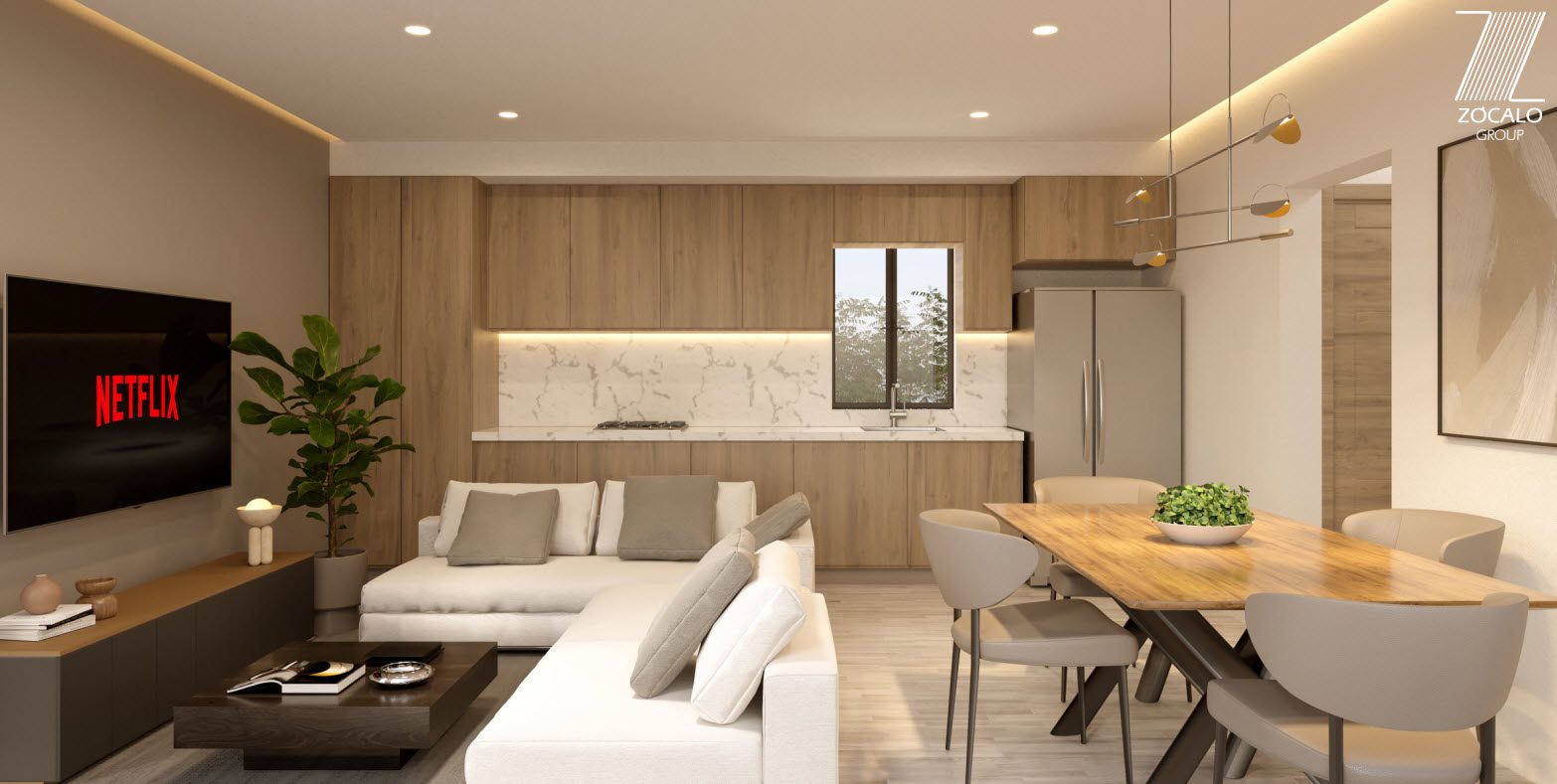 buyDRproperty Modern living room with white sofa, wood cabinets, dining table, and Netflix on TV. Zocalo Group logo in corner. Sosua Real Estate