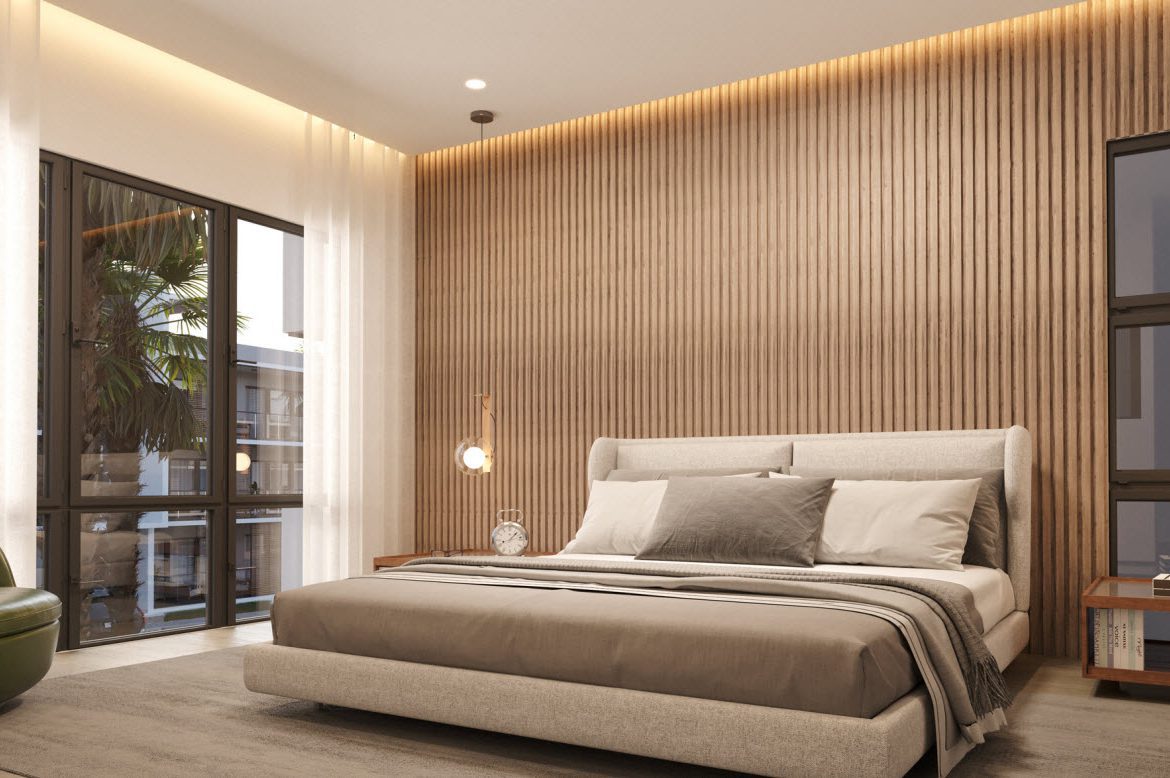 buyDRproperty Sleek modern bedroom with wood paneling, minimalist decor, and large windows. Sosua Real Estate