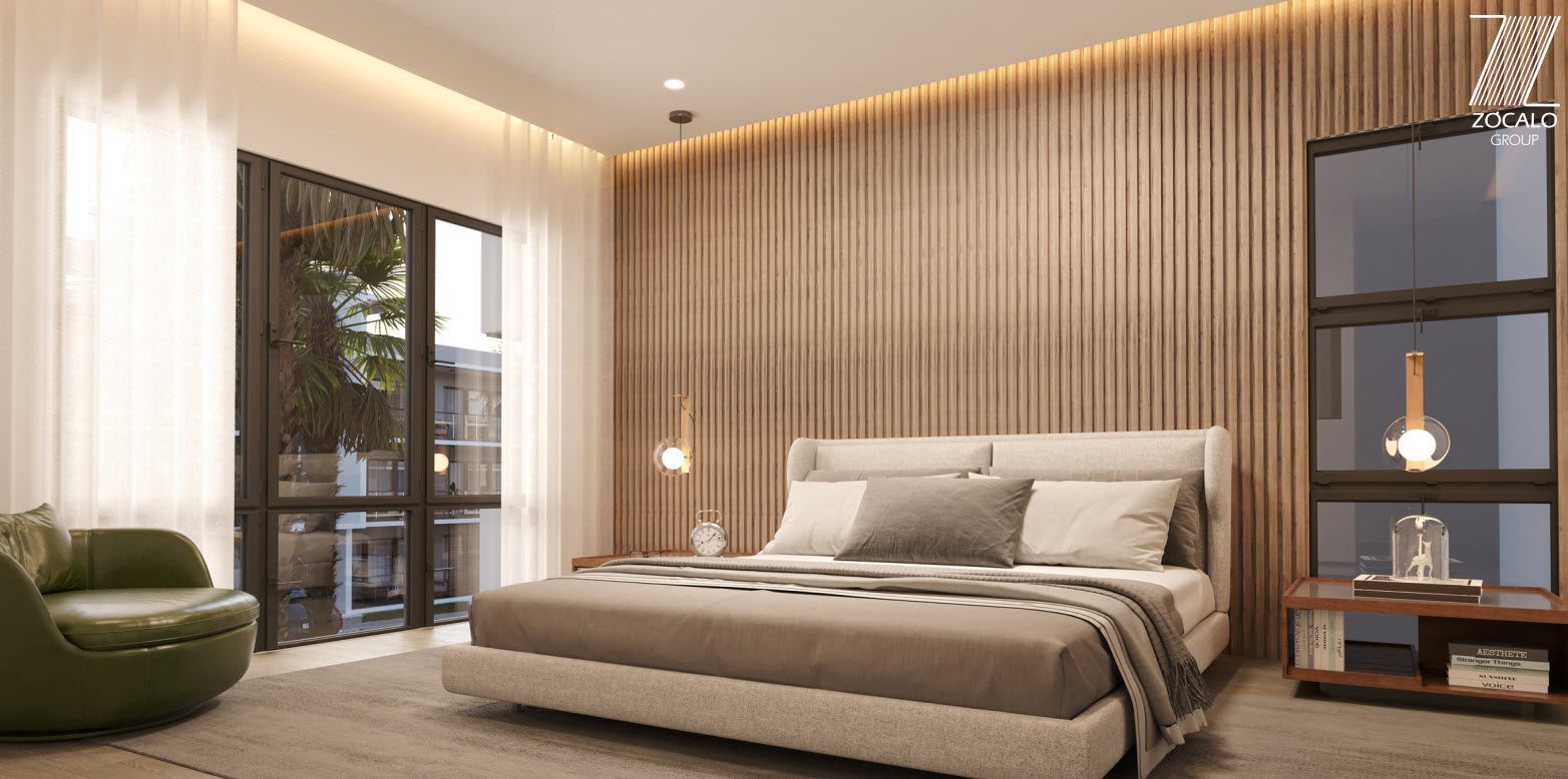 buyDRproperty Sleek modern bedroom with wood paneling, minimalist decor, and large windows. Sosua Real Estate