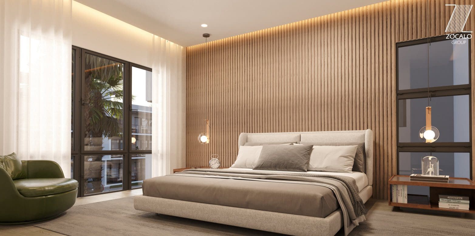 buyDRproperty Sleek modern bedroom with wood paneling, minimalist decor, and large windows. Sosua Real Estate