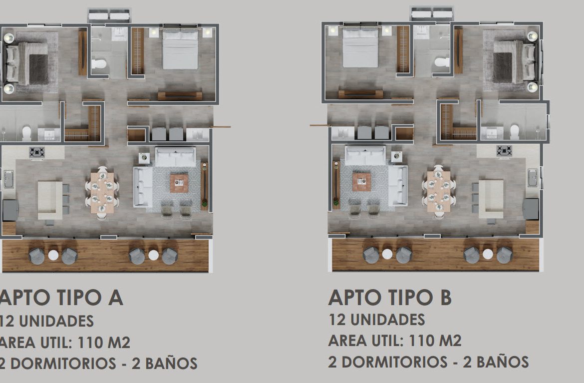 buyDRproperty Floor plan comparison: Two bedroom, two bath apartment layouts, labeled Apto Tipo A and Apto Tipo B. Sosua Real Estate