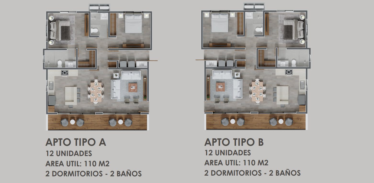buyDRproperty Floor plan comparison: Two bedroom, two bath apartment layouts, labeled Apto Tipo A and Apto Tipo B. Sosua Real Estate