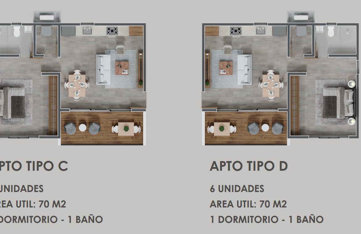 buyDRproperty Floor plans for two 70 sq meter, one-bedroom, one-bath apartments: APTO Tipo C and APTO Tipo D. Sosua Real Estate