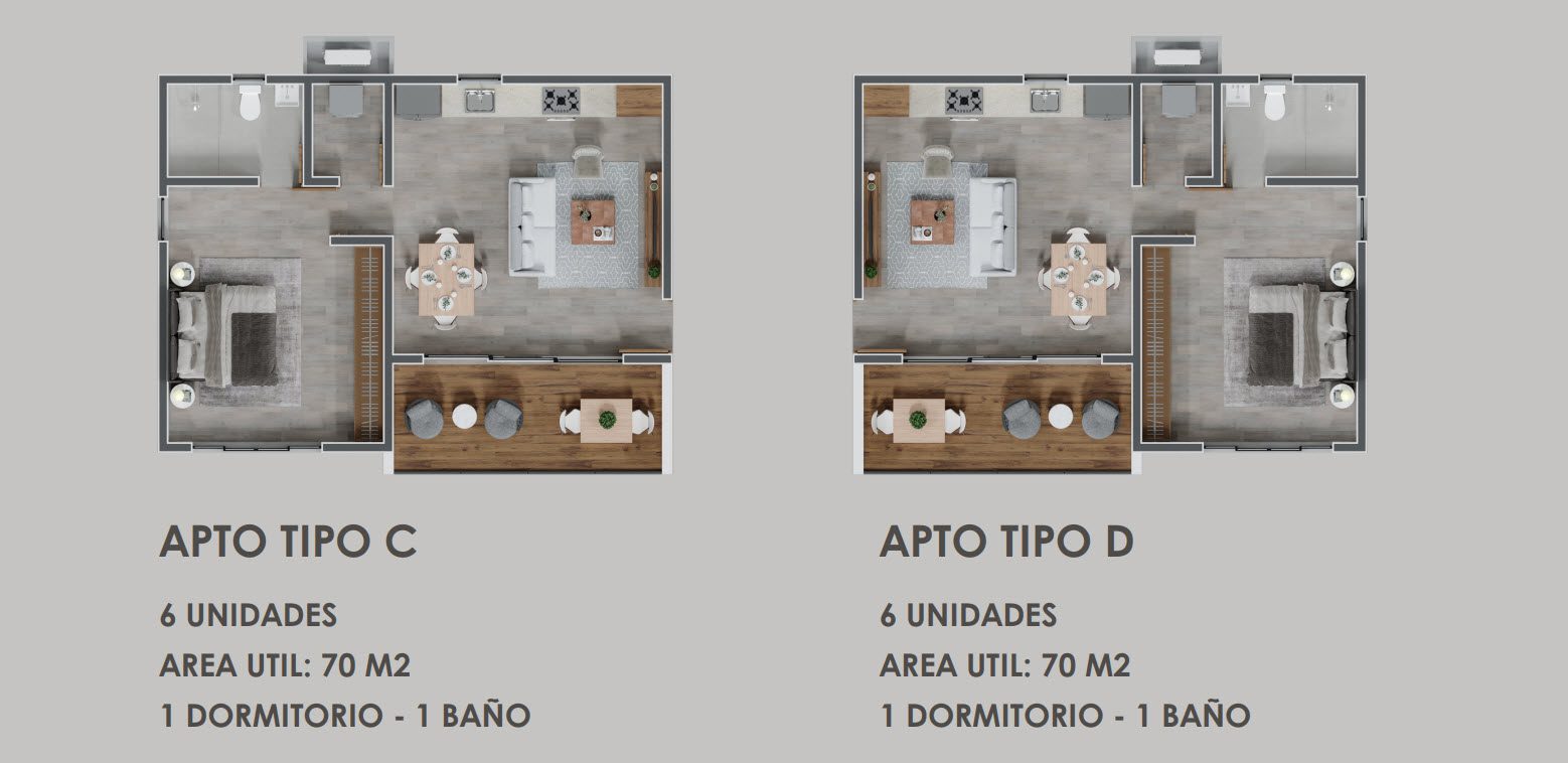 buyDRproperty Floor plans for two 70 sq meter, one-bedroom, one-bath apartments: APTO Tipo C and APTO Tipo D. Sosua Real Estate