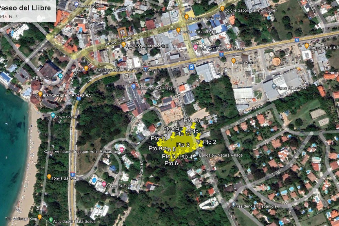 buyDRproperty Map of Sosúa, Dominican Republic, highlighting Solar Paseo del Llibre, beaches, restaurants, and Bungalow Natura Village. Sosua Real Estate