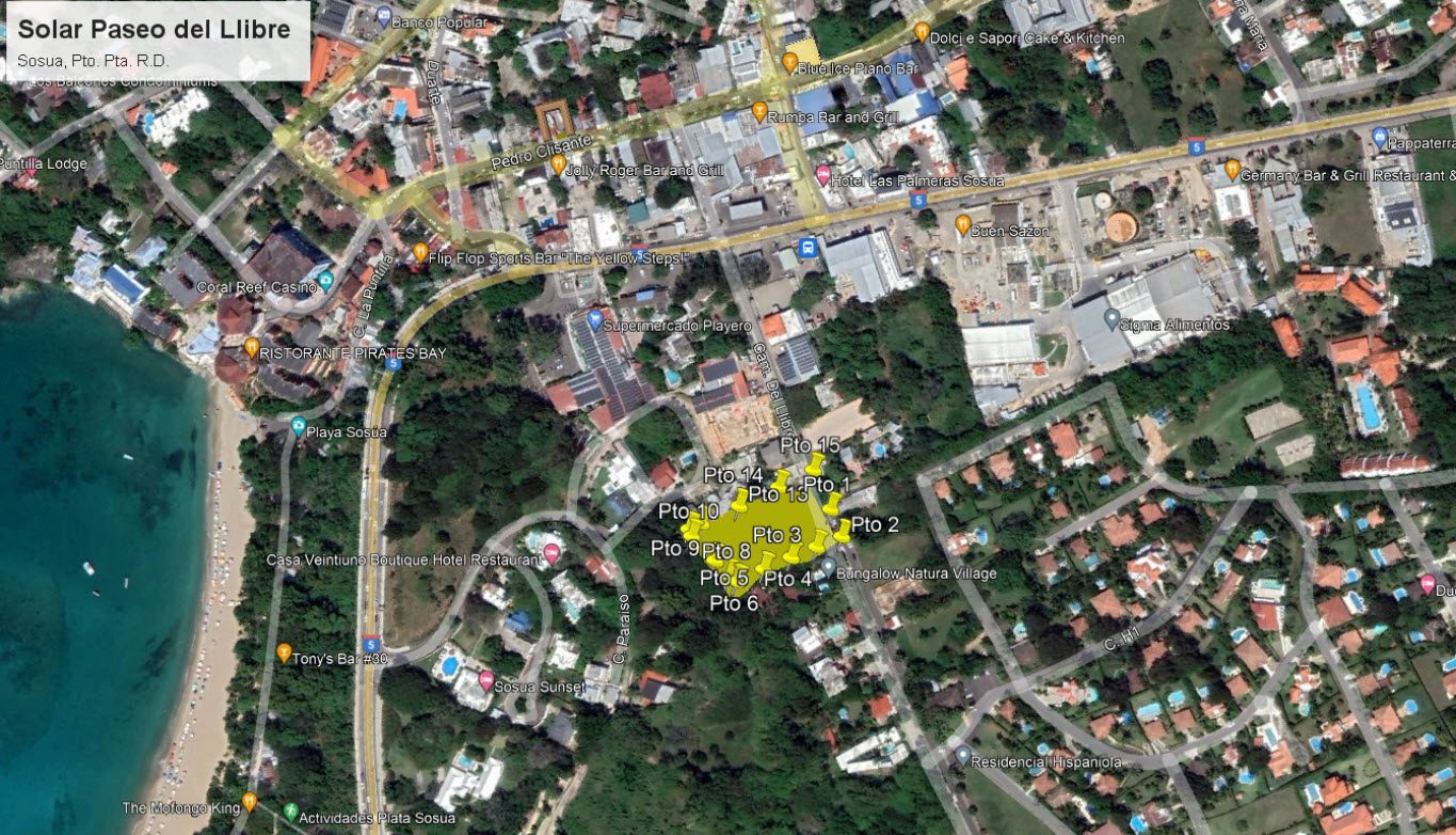 buyDRproperty Map of Sosúa, Dominican Republic, highlighting Solar Paseo del Llibre, beaches, restaurants, and Bungalow Natura Village. Sosua Real Estate