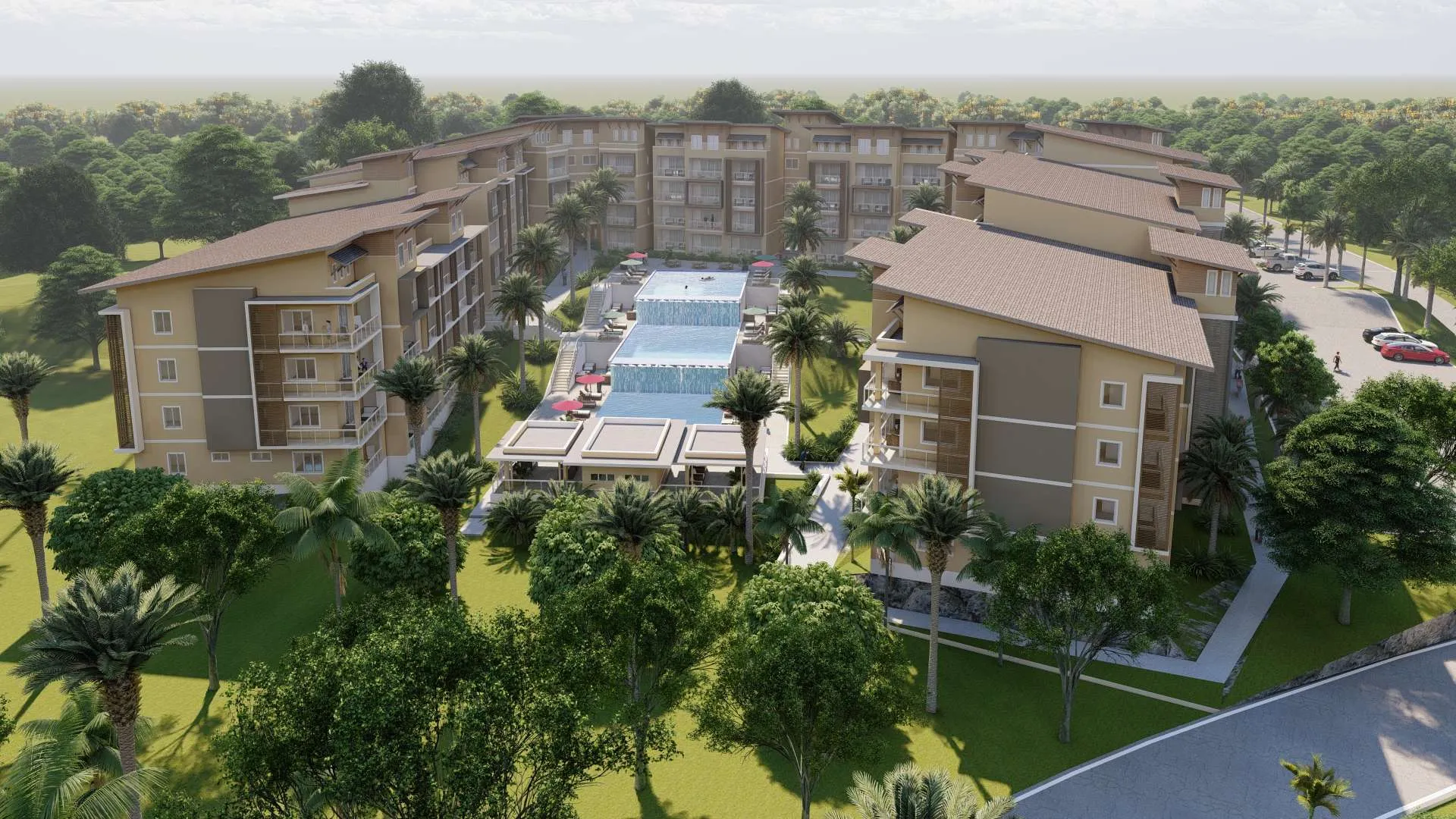 buyDRproperty Luxurious apartment complex with central pool surrounded by lush greenery Sosua Real Estate