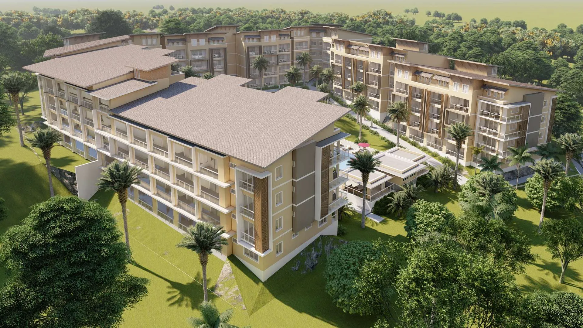 buyDRproperty Aerial view of a modern resort complex with multiple buildings, palm trees, and a swimming pool. Sosua Real Estate