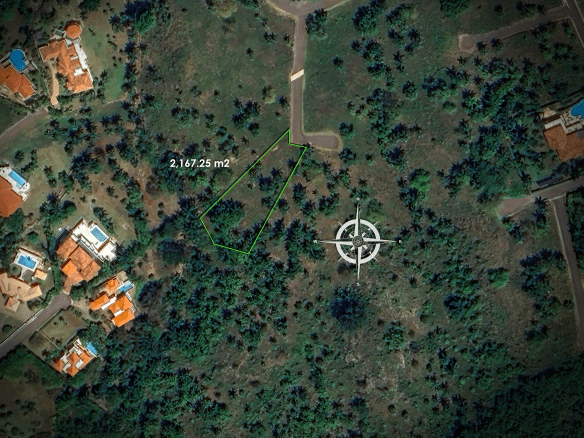 buyDRproperty Aerial view of a plot measuring 2,167.25 m² surrounded by trees and nearby houses Sosua Real Estate
