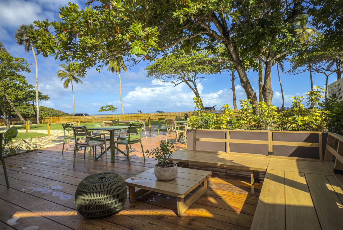 buyDRproperty Outdoor patio with wooden furniture and palm trees overlooking the ocean. Sosua Real Estate